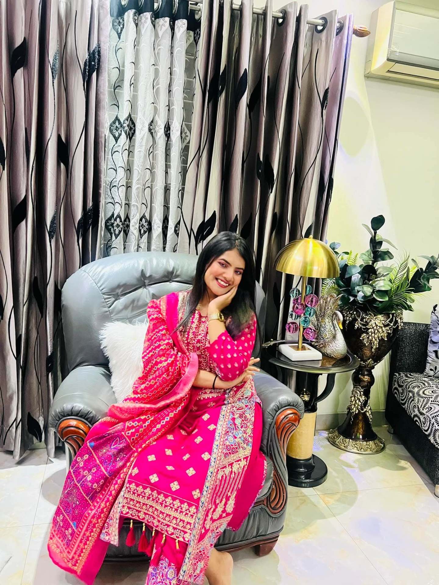 Prety Chowdhury — magenta gold-embroidered armchair signature frame